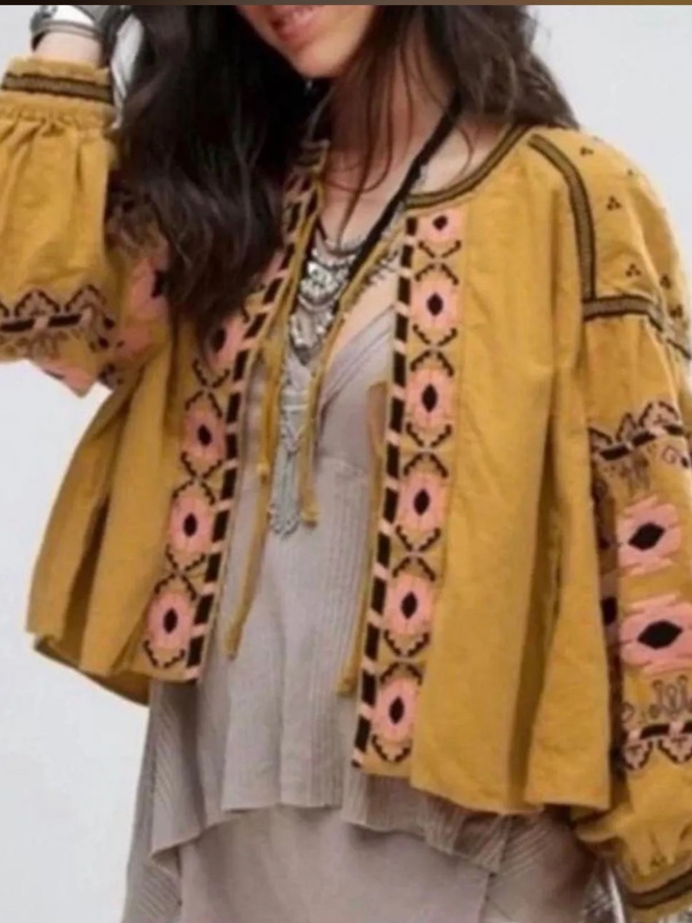 RD Style Mustard Embroidered Tie-Front Bomber Jacket